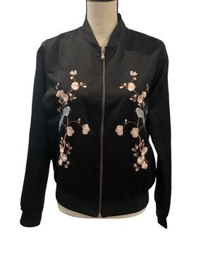 Ci Sono Black Bomber Jacket with Pink Floral & Blue Bird Embroidery
